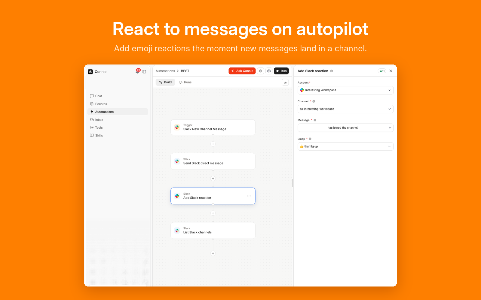 An Add Slack reaction step in a Connie automation, set to add a thumbsup to a channel message.